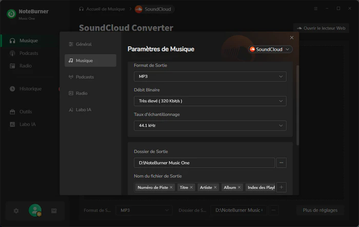 Définissez MP3 comme format de sortie