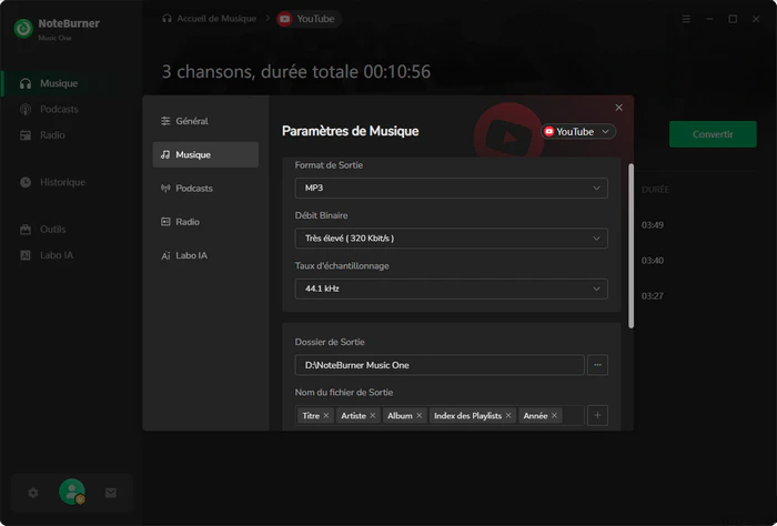 Ajuster les paramètres de sortie YouTube