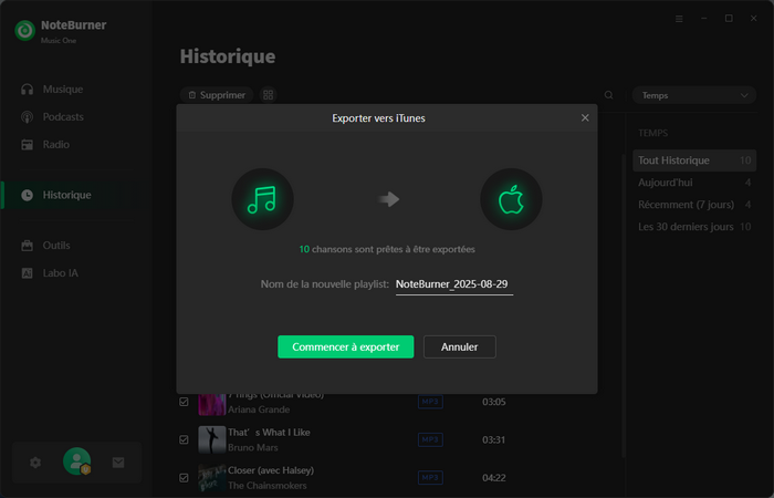 Démarrer l’exportation vers iTunes