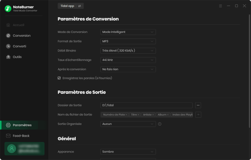 Sélectionnez les paramètres de sortie