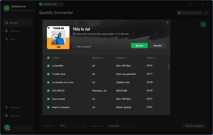 Ajouter une playlist Spotify à convertir pour un lecteur MP3