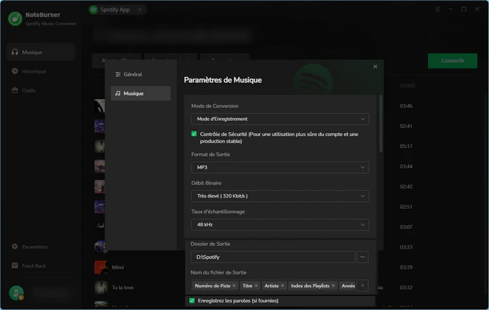 Choisir le format MP3 ou FLAC Lossless dans NoteBurner pour un baladeur Spotify