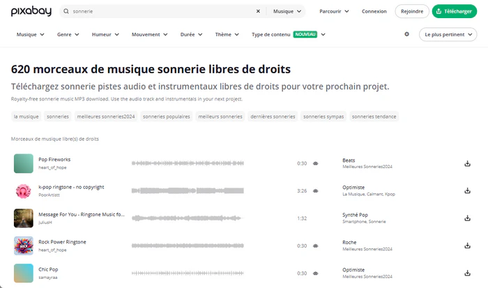 Télécharger des sonneries gratuites sur Pixabay